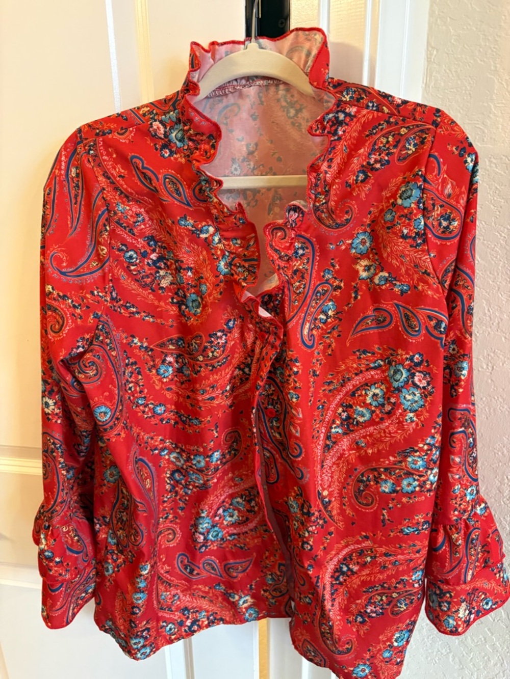 CherryBetty Orange/red Paisley Ruffle-Trim Women's Blouse